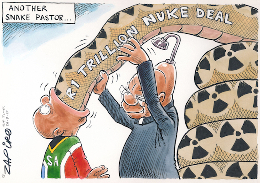 South Africa's top cartoonist Zapiro clearly has strong views on SA President Jacob Zuma's desire to land taxpayers with a $100bn nuclear power fleet. More of his magic at Zapiro..com 