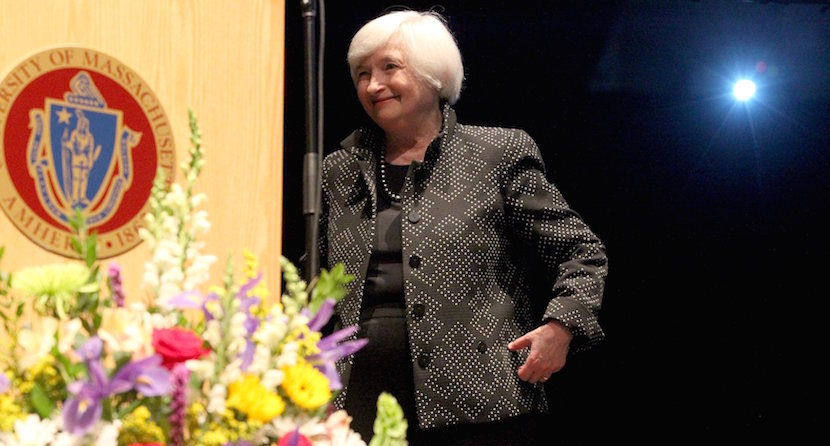 U.S. Federal Reserve Chair Janet Yellen smiles after stepping away from the podium at the University of Massachusetts in Amherst, Massachusetts September 24, 2015. Fed chair Janet Yellen was receiving medical attention on Thursday after struggling to finish a speech at the University of Massachusetts at Amherst, coughing and stopping to recompose herself several times before walking off stage. REUTERS/Mary Schwalm