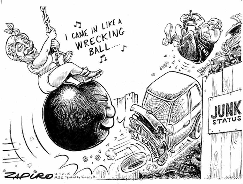 Zapiro's animated look at how SAA chairwoman Dudu Myeni and President Jacob Zuma are literally wrecking the South African economy. More wizardry available at zapiro.com.