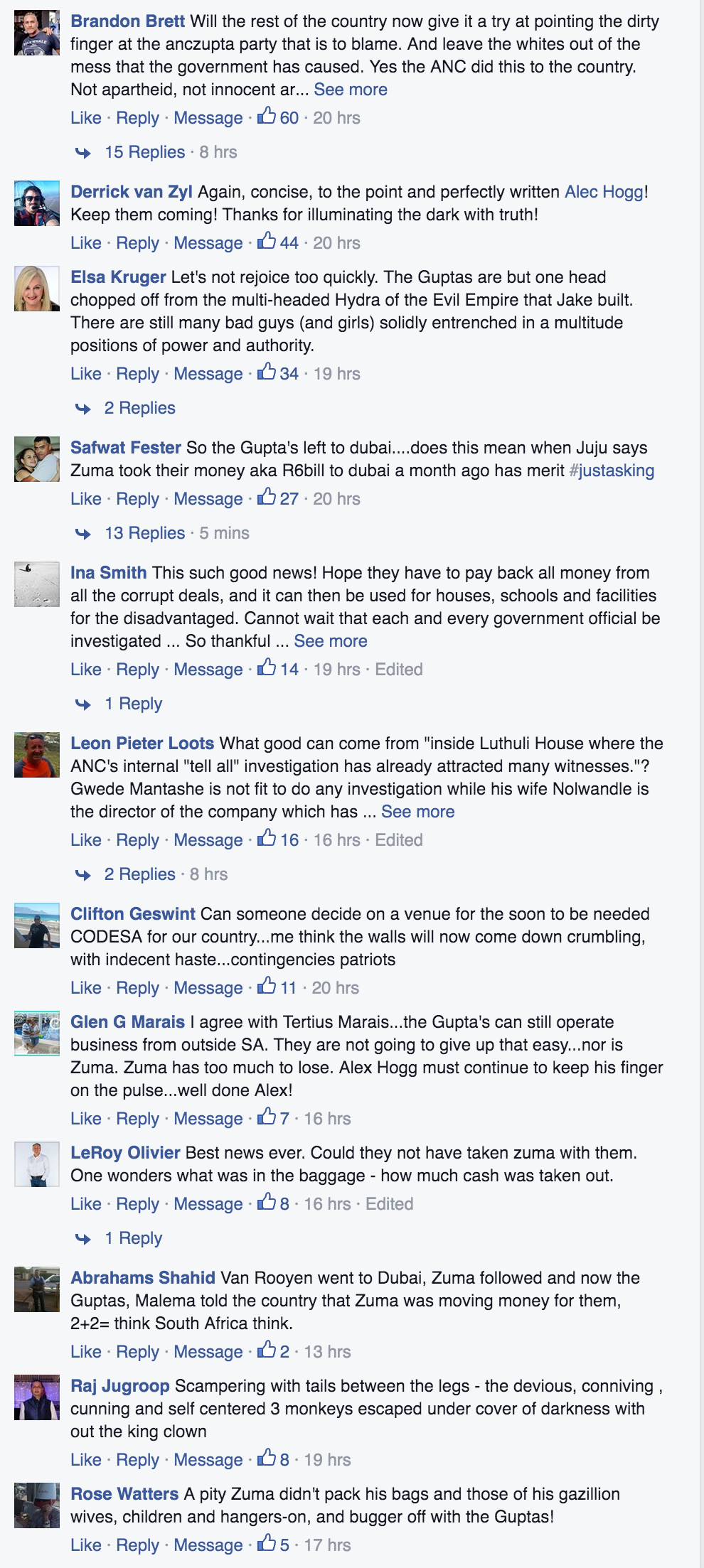 Some of the dozens of comments under the link to this article on Alec Hogg's Facebook page